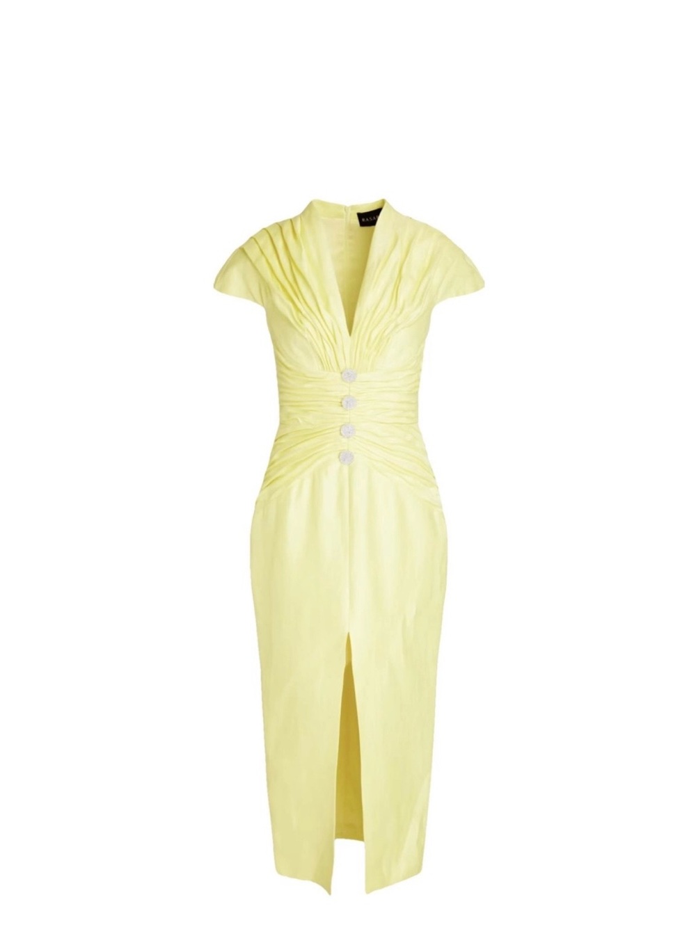 Rasario  Yellow Ruched linen Midi Dress with Front Slit and crystal buttons